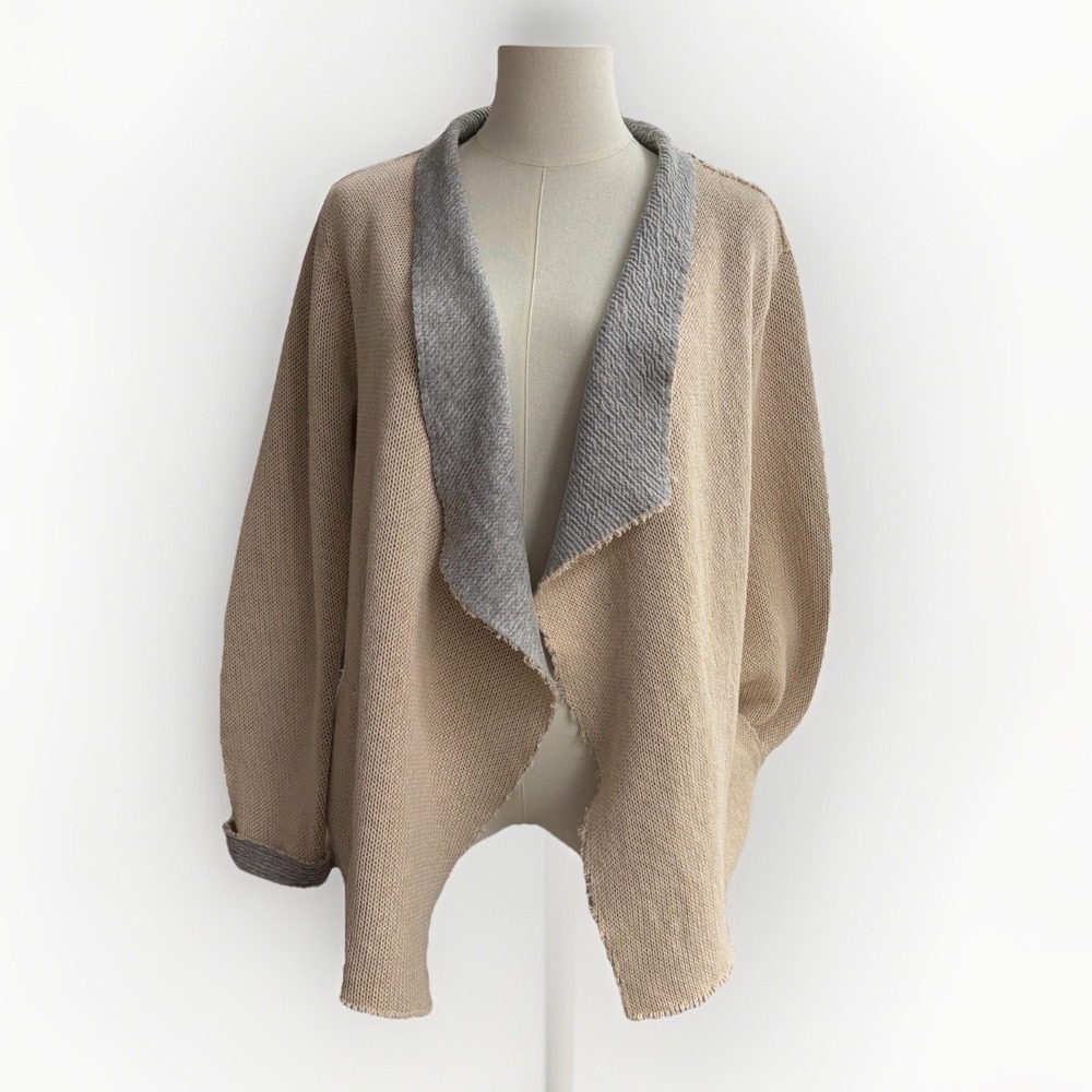 Democracy Drape Waterfall Cardigan Sweater XL Neutral Beige Shawl Pockets Beachy